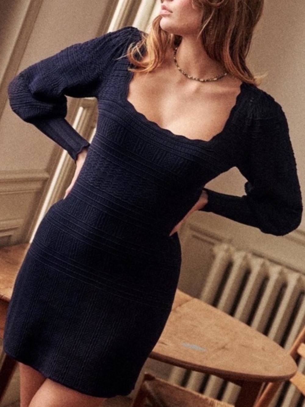 Sezane Navy Knit Long-Sleeve Scoop Dress